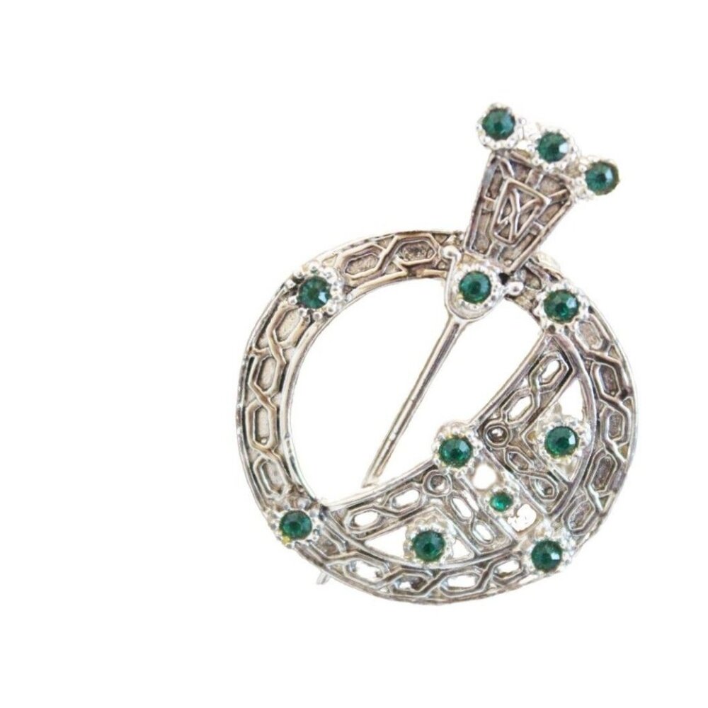 Vintage Celtic Brooch With Emerald Green Stones Silver Pin